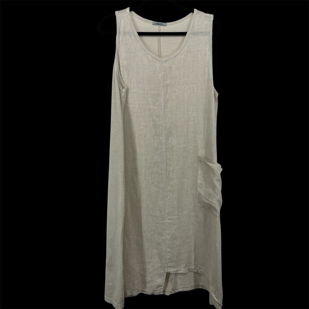 Angela Mara SZ L/XL Midi Asymmetrical Dress Cotton Linen‎ Blend Minimalist Cream